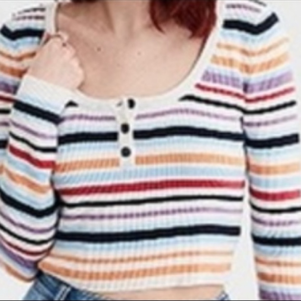 AE Cropped Long Sleeve Stripped Henley Sweater NWOT